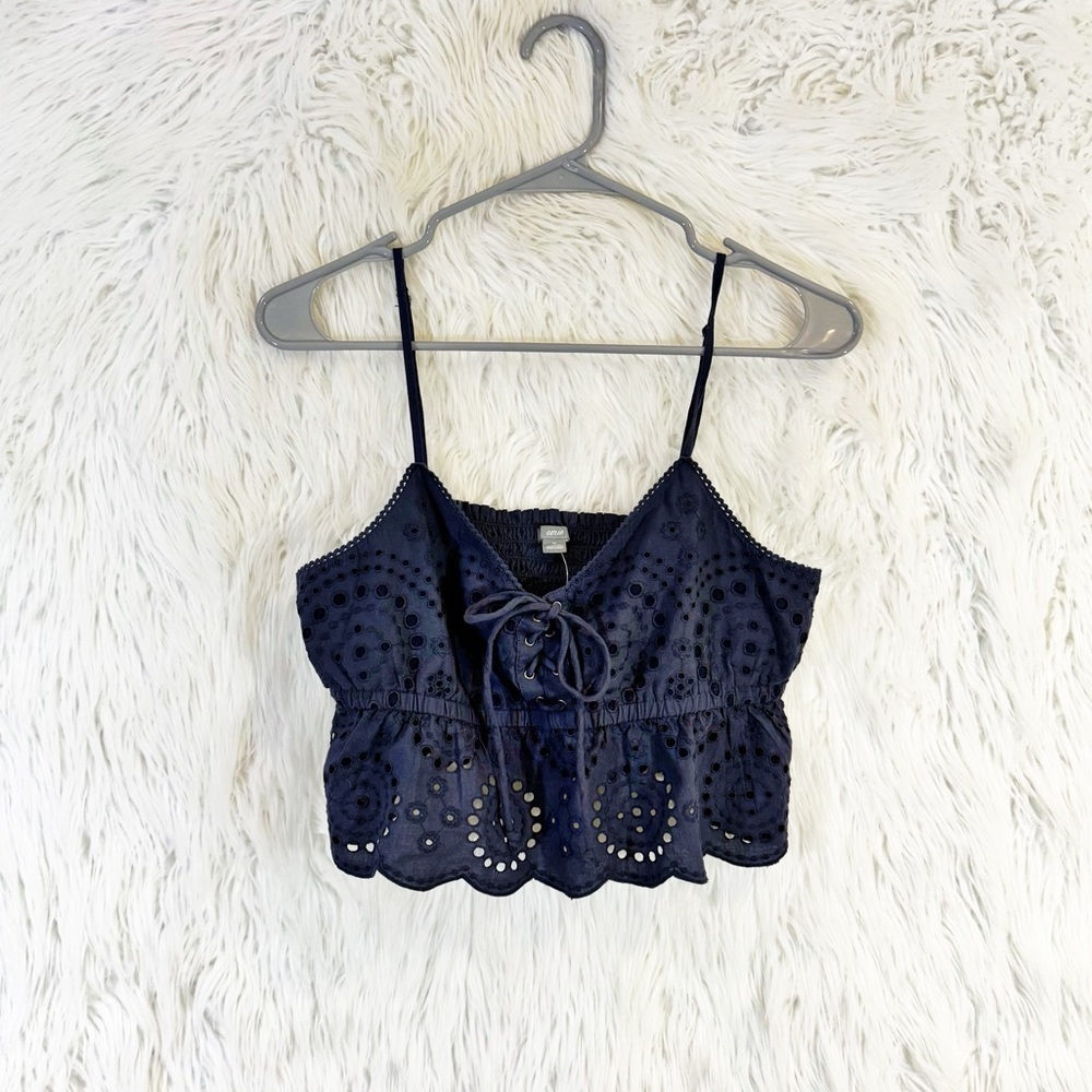 Aerie Blue Eyelet Smocked Cropped Tank Top